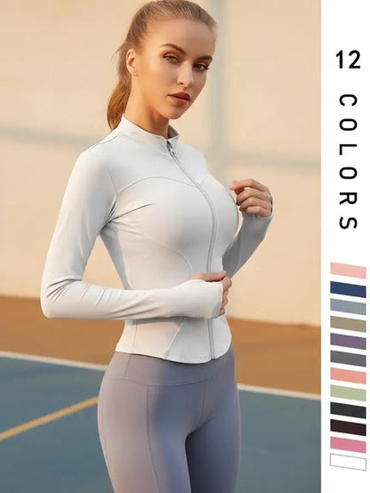 Women'S Thumb Holes Zip up Sports Jacket, Sporty Plain Long Sleeve Sports Tops, Women'S Sportswear for Tennis Pickleball Indoor Outdoor Wear