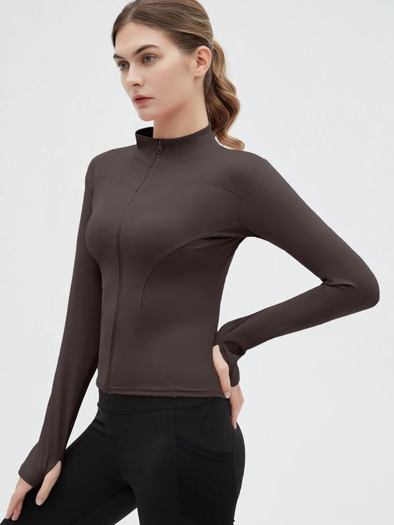 Women'S Thumb Holes Zip up Sports Jacket, Sporty Plain Long Sleeve Sports Tops, Women'S Sportswear for Tennis Pickleball Indoor Outdoor Wear