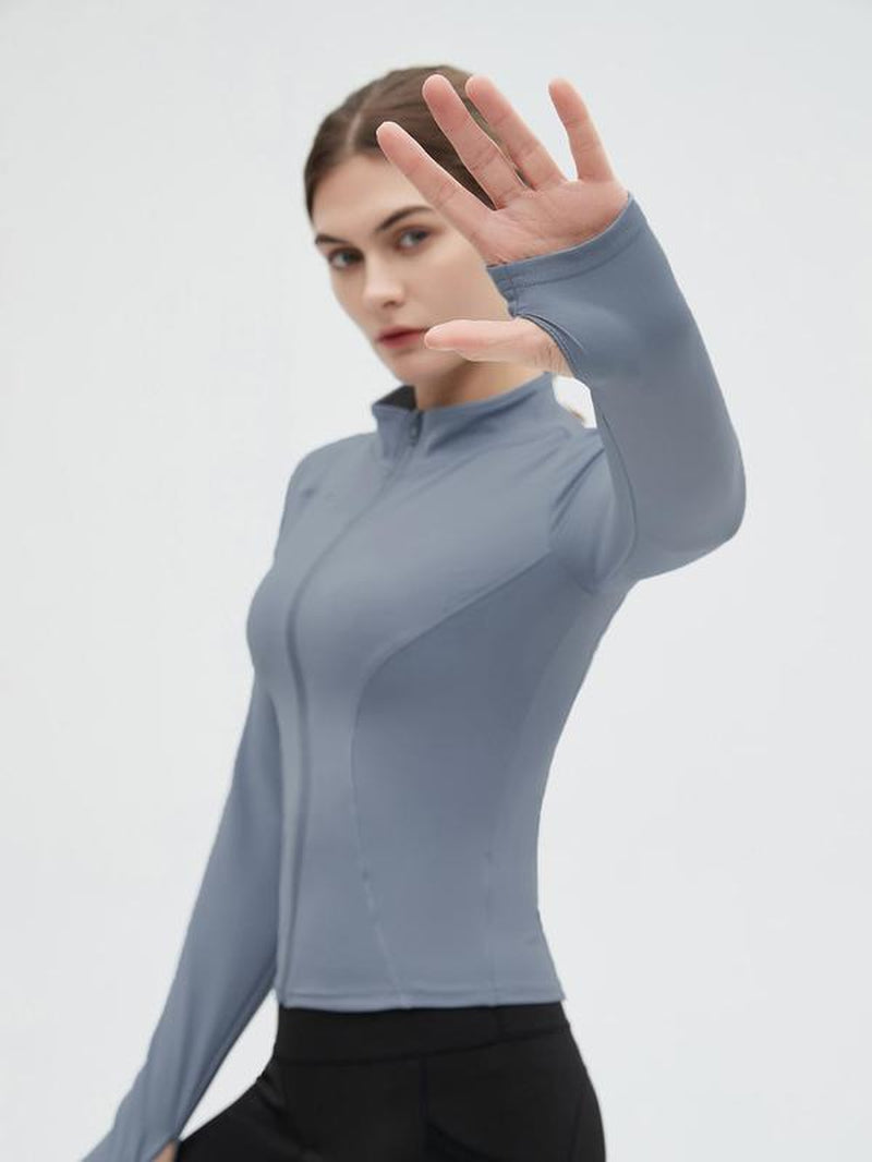 Women'S Thumb Holes Zip up Sports Jacket, Sporty Plain Long Sleeve Sports Tops, Women'S Sportswear for Tennis Pickleball Indoor Outdoor Wear