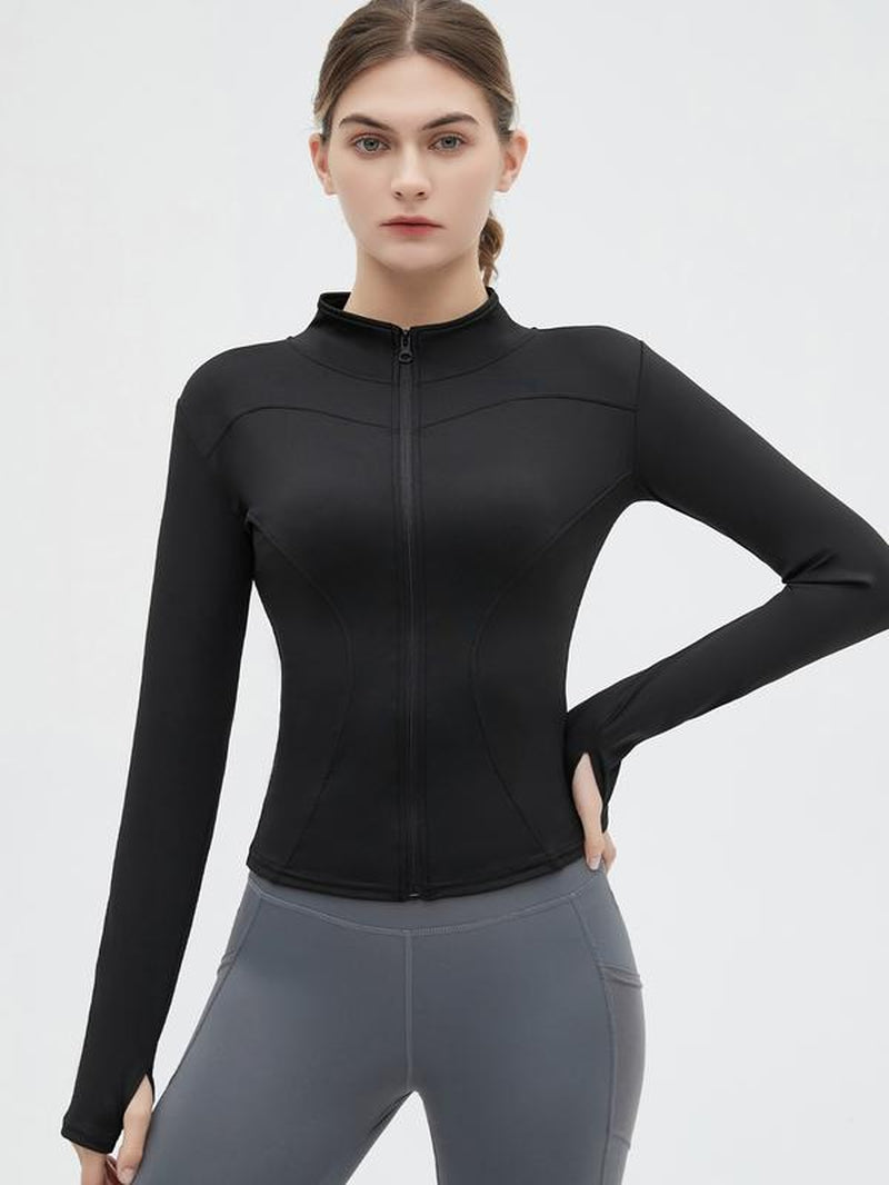 Women'S Thumb Holes Zip up Sports Jacket, Sporty Plain Long Sleeve Sports Tops, Women'S Sportswear for Tennis Pickleball Indoor Outdoor Wear