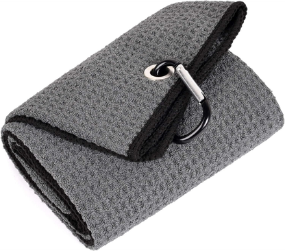 Tri-Fold Golf Towel | 16" X 24" | Premium Microfiber Fabric | Waffle Pattern | with Heavy Duty Carabiner Clip | for Men and Women (Dark Gray)