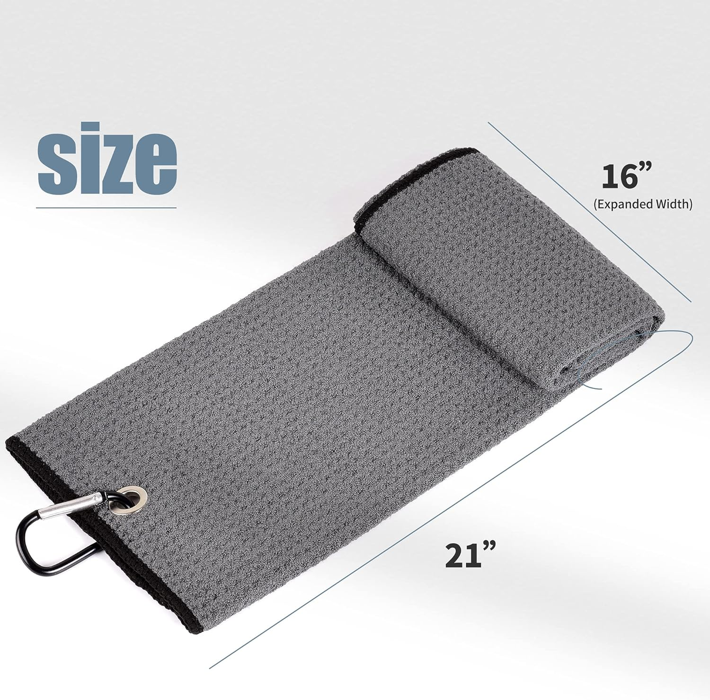 Tri-Fold Golf Towel | 16" X 24" | Premium Microfiber Fabric | Waffle Pattern | with Heavy Duty Carabiner Clip | for Men and Women (Dark Gray)
