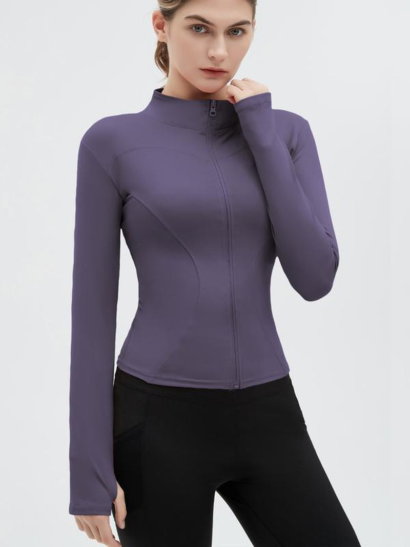 Women'S Thumb Holes Zip up Sports Jacket, Sporty Plain Long Sleeve Sports Tops, Women'S Sportswear for Tennis Pickleball Indoor Outdoor Wear